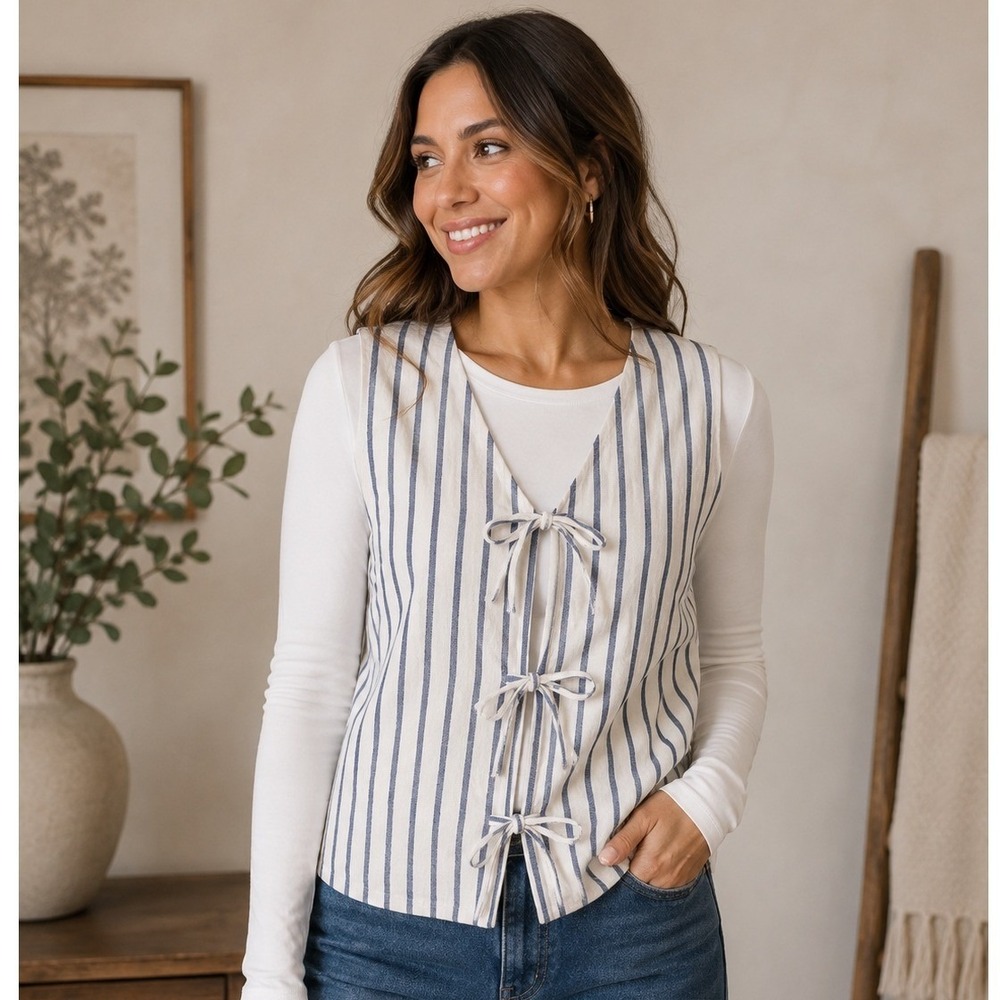 Lauren Conrad Vest White Blue Striped Linen Blend Tie Front Coastal Nautical S